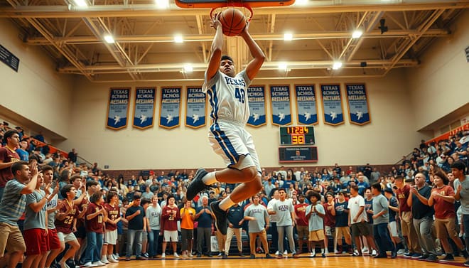 A vibrant Texas high school basketball gym filled with energy, showcasing a thrilling moment of a successful player mid-air, executing a slam dunk. In the foreground, the athlete, a young man in a blue and white high school jersey, is framed against the backdrop of enthusiastic fans cheering. His expression reflects determination and excitement. The middle layer includes teammates and coaches, all dressed in modest casual clothing, celebrating the play, and wearing team gear. In the background, banners of past achievements hang from the rafters, along with a scoreboard displaying a winning score. The scene is illuminated by warm gym lights, creating a dynamic atmosphere of triumph and hard work. The angle captures both the action on the court and the supportive community surrounding the game. A vibrant Texas high school basketball gym filled with energy, showcasing a thrilling moment of a successful player mid-air, executing a slam dunk. In the foreground, the athlete, a young man in a blue and white high school jersey, is framed against the backdrop of enthusiastic fans cheering. His expression reflects determination and excitement. The middle layer includes teammates and coaches, all dressed in modest casual clothing, celebrating the play, and wearing team gear. In the background, banners of past achievements hang from the rafters, along with a scoreboard displaying a winning score. The scene is illuminated by warm gym lights, creating a dynamic atmosphere of triumph and hard work. The angle captures both the action on the court and the supportive community surrounding the game.
