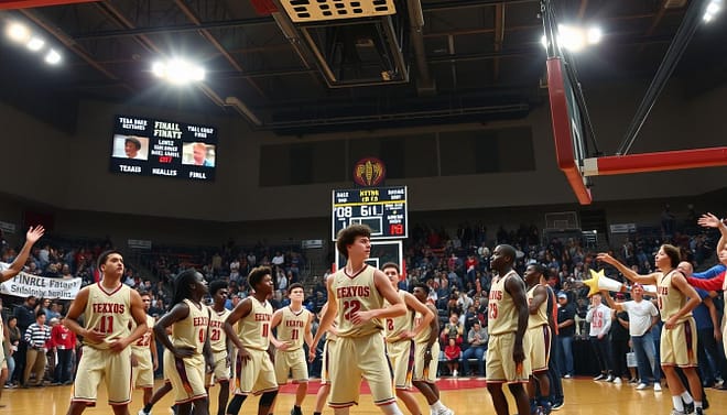 A vibrant high school basketball championship game set in a packed gymnasium, capturing the electric atmosphere of Texas sports culture. In the foreground, a diverse group of players in matching, modest team uniforms demonstrate determination and skill as they compete for the championship trophy. The middle ground showcases enthusiastic fans on their feet, waving banners and wearing school colors, their expressions reflecting excitement and pride. The background features a dramatic scoreboard displaying the final moments of the game, illuminated by bright overhead lights casting dynamic shadows across the court. The scene is framed with a slightly tilted angle to enhance the intensity of the moment, highlighting the celebration and camaraderie that define high school sports. The mood is exhilarating, filled with hustle, teamwork, and the transformative spirit of championship games. A vibrant high school basketball championship game set in a packed gymnasium, capturing the electric atmosphere of Texas sports culture. In the foreground, a diverse group of players in matching, modest team uniforms demonstrate determination and skill as they compete for the championship trophy. The middle ground showcases enthusiastic fans on their feet, waving banners and wearing school colors, their expressions reflecting excitement and pride. The background features a dramatic scoreboard displaying the final moments of the game, illuminated by bright overhead lights casting dynamic shadows across the court. The scene is framed with a slightly tilted angle to enhance the intensity of the moment, highlighting the celebration and camaraderie that define high school sports. The mood is exhilarating, filled with hustle, teamwork, and the transformative spirit of championship games.