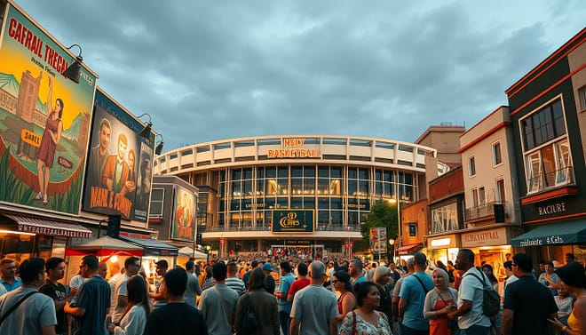 A vibrant neighborhood scene centered around a bustling basketball arena, capturing the essence of community identity and economic vibrancy. In the foreground, diverse groups of people in modest casual clothing gather, chatting and enjoying food from local vendors. The middle ground features a modern sports venue with its iconic architecture, surrounded by colorful murals depicting local culture and history. In the background, thriving small businesses and community spaces, like cafes and boutiques, contribute to the lively atmosphere. Soft, warm lighting illuminates the scene during golden hour, creating an inviting mood. A low-angle perspective emphasizes the arena's grandeur while integrating the surrounding neighborhood, showcasing a strong sense of pride and unity among residents. A vibrant neighborhood scene centered around a bustling basketball arena, capturing the essence of community identity and economic vibrancy. In the foreground, diverse groups of people in modest casual clothing gather, chatting and enjoying food from local vendors. The middle ground features a modern sports venue with its iconic architecture, surrounded by colorful murals depicting local culture and history. In the background, thriving small businesses and community spaces, like cafes and boutiques, contribute to the lively atmosphere. Soft, warm lighting illuminates the scene during golden hour, creating an inviting mood. A low-angle perspective emphasizes the arena's grandeur while integrating the surrounding neighborhood, showcasing a strong sense of pride and unity among residents.