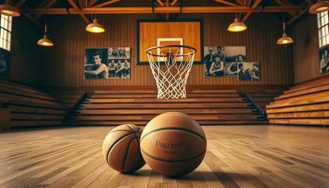 A vintage gym setting showcasing early basketball equipment, focused on a worn peach basket mounted on a wooden backboard. In the foreground, a leather basketball rests on a polished wooden floor, hinting at the game's nascent days. The middle ground features a rustic gym with wooden bleachers and aged light fixtures casting warm, golden lighting, creating a nostalgic atmosphere. In the background, faded photographs of early basketball teams adorn the walls, invoking a sense of history. A soft-focus effect emphasizes the peach basket, making it the central focal point, while shadows add depth, enhancing the feeling of a bygone era in sports. The overall mood is one of nostalgia and inspiration, reflecting the origins of high school basketball culture. A vintage gym setting showcasing early basketball equipment, focused on a worn peach basket mounted on a wooden backboard. In the foreground, a leather basketball rests on a polished wooden floor, hinting at the game's nascent days. The middle ground features a rustic gym with wooden bleachers and aged light fixtures casting warm, golden lighting, creating a nostalgic atmosphere. In the background, faded photographs of early basketball teams adorn the walls, invoking a sense of history. A soft-focus effect emphasizes the peach basket, making it the central focal point, while shadows add depth, enhancing the feeling of a bygone era in sports. The overall mood is one of nostalgia and inspiration, reflecting the origins of high school basketball culture.