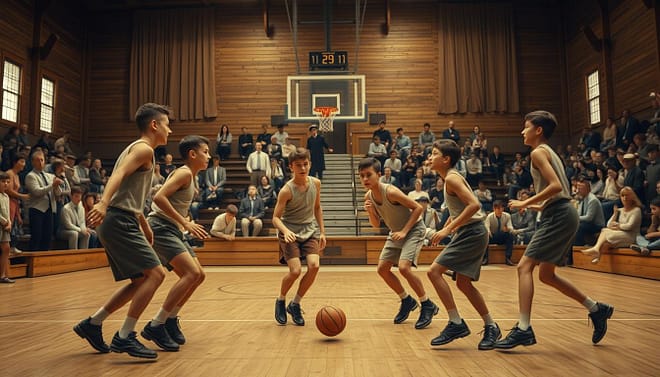 A vintage scene depicting the first organized high school basketball games in Texas during the early 1900s. In the foreground, a group of young male players in modest, early-20th century basketball uniforms, featuring knee-length shorts and sleeveless jerseys, are intensely competing for the ball. In the middle ground, a wooden gymnasium filled with wooden bleachers, where spectators in period-appropriate clothing cheer enthusiastically. In the background, a classic scoreboard and an early version of a peach basket as a hoop, evoking the origins of the game. The atmosphere is lively and nostalgic, with warm, diffused lighting creating an inviting ambiance. The perspective is slightly low-angle, emphasizing the excitement and energy of the game. A vintage scene depicting the first organized high school basketball games in Texas during the early 1900s. In the foreground, a group of young male players in modest, early-20th century basketball uniforms, featuring knee-length shorts and sleeveless jerseys, are intensely competing for the ball. In the middle ground, a wooden gymnasium filled with wooden bleachers, where spectators in period-appropriate clothing cheer enthusiastically. In the background, a classic scoreboard and an early version of a peach basket as a hoop, evoking the origins of the game. The atmosphere is lively and nostalgic, with warm, diffused lighting creating an inviting ambiance. The perspective is slightly low-angle, emphasizing the excitement and energy of the game.