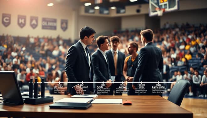 A visually engaging college recruiting timeline, featuring a structured layout with distinct phases of the recruiting process. In the foreground, show an organized desk with professional business attire figures—coaches dressed in suits and high school players in modest athletic wear—discussing strategies. The middle layer should depict a clear timeline graph, highlighting key milestones like initial contact, campus visits, and signing dates, with arrows and icons symbolizing progression. In the background, a blurred gymnasium filled with excited spectators captures the atmosphere of a high school basketball game. The lighting is bright and focused, evoking a sense of anticipation and ambition, while camera angles create a dynamic perspective on the recruiting journey. A visually engaging college recruiting timeline, featuring a structured layout with distinct phases of the recruiting process. In the foreground, show an organized desk with professional business attire figures—coaches dressed in suits and high school players in modest athletic wear—discussing strategies. The middle layer should depict a clear timeline graph, highlighting key milestones like initial contact, campus visits, and signing dates, with arrows and icons symbolizing progression. In the background, a blurred gymnasium filled with excited spectators captures the atmosphere of a high school basketball game. The lighting is bright and focused, evoking a sense of anticipation and ambition, while camera angles create a dynamic perspective on the recruiting journey.