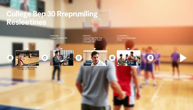 A visually engaging timeline illustrating the college prep recruiting process for high school basketball players. In the foreground, a detailed flowchart with steps such as "Initial Contact," "Campus Visits," "Scouting Events," and "Commitment," depicted using arrows and icons representing each stage. The middle layer features images of high school basketball games, coaches reviewing player metrics, and students participating in training sessions, all in a professional setting. The background shows a blurred, optimistic out-of-focus basketball court, symbolizing the dream of college recruitment. Natural lighting highlights the vivid colors of basketball uniforms, while a slightly angled view suggests dynamic movement through the timeline. The overall atmosphere is motivational and aspirational, capturing the journey of young athletes aspiring to reach collegiate basketball. A visually engaging timeline illustrating the college prep recruiting process for high school basketball players. In the foreground, a detailed flowchart with steps such as "Initial Contact," "Campus Visits," "Scouting Events," and "Commitment," depicted using arrows and icons representing each stage. The middle layer features images of high school basketball games, coaches reviewing player metrics, and students participating in training sessions, all in a professional setting. The background shows a blurred, optimistic out-of-focus basketball court, symbolizing the dream of college recruitment. Natural lighting highlights the vivid colors of basketball uniforms, while a slightly angled view suggests dynamic movement through the timeline. The overall atmosphere is motivational and aspirational, capturing the journey of young athletes aspiring to reach collegiate basketball.