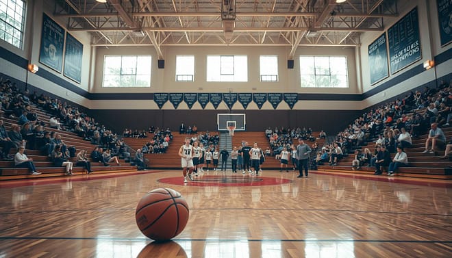 An expansive high school gym with vintage charm, showcasing a polished wooden basketball court and bleachers filled with enthusiastic spectators. The gym's walls are adorned with banners celebrating past championships, creating a rich sense of history. In the foreground, a basketball rests on the court, illuminated by warm overhead lights. The middle ground captures a group of players in modest athletic attire practicing drills, their concentration evident. In the background, large windows let in dappled sunlight, enhancing the inviting atmosphere of camaraderie and community spirit. The image is shot from a slightly elevated angle, giving a comprehensive view of the gym's grandeur, evoking nostalgia and pride in Texas high school basketball culture. An expansive high school gym with vintage charm, showcasing a polished wooden basketball court and bleachers filled with enthusiastic spectators. The gym's walls are adorned with banners celebrating past championships, creating a rich sense of history. In the foreground, a basketball rests on the court, illuminated by warm overhead lights. The middle ground captures a group of players in modest athletic attire practicing drills, their concentration evident. In the background, large windows let in dappled sunlight, enhancing the inviting atmosphere of camaraderie and community spirit. The image is shot from a slightly elevated angle, giving a comprehensive view of the gym's grandeur, evoking nostalgia and pride in Texas high school basketball culture.