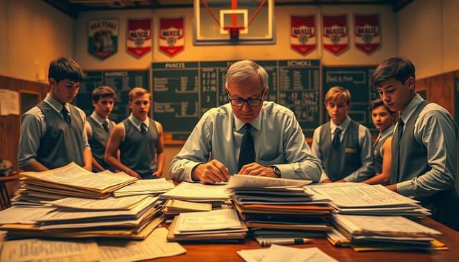 A basketball coach and several high school players in formal sports attire appear in the foreground, examining a large, cluttered desk filled with worn-out papers, charts, and notebooks filled with statistics and records. The coach, a middle-aged man with glasses, furrows his brow in concentration. In the middle ground, a chalkboard displays unclear game statistics and scribbled notes. The background features a vintage high school gymnasium, with faded team banners hanging on the walls and dim lighting casting a nostalgic atmosphere. The warm, amber glow illuminates the scene, accentuating the tension and determination in the air, capturing the essence of the challenges in verifying historical sports records. The image should evoke a sense of urgency and dedication, reflecting the rigorous documentation process. A basketball coach and several high school players in formal sports attire appear in the foreground, examining a large, cluttered desk filled with worn-out papers, charts, and notebooks filled with statistics and records. The coach, a middle-aged man with glasses, furrows his brow in concentration. In the middle ground, a chalkboard displays unclear game statistics and scribbled notes. The background features a vintage high school gymnasium, with faded team banners hanging on the walls and dim lighting casting a nostalgic atmosphere. The warm, amber glow illuminates the scene, accentuating the tension and determination in the air, capturing the essence of the challenges in verifying historical sports records. The image should evoke a sense of urgency and dedication, reflecting the rigorous documentation process.
