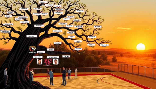 A detailed illustration depicting a coaching tree network originating from the Iowa State Cyclones, prominently featuring Texas high schools that connect to Iowa State basketball. In the foreground, display a large, stylized tree with branches labeled with names of influential coaches, each leading to icons representing various Texas high schools known for basketball talent. In the middle ground, include subtle visuals of a basketball court, with coaches in professional attire engaged in discussions and strategy planning. In the background, a warm sunset casts a golden light over a Texas landscape, creating an atmosphere of community and legacy. Use a wide-angle perspective to emphasize the network’s reach, ensuring clarity and vibrancy to engage viewers effectively. A detailed illustration depicting a coaching tree network originating from the Iowa State Cyclones, prominently featuring Texas high schools that connect to Iowa State basketball. In the foreground, display a large, stylized tree with branches labeled with names of influential coaches, each leading to icons representing various Texas high schools known for basketball talent. In the middle ground, include subtle visuals of a basketball court, with coaches in professional attire engaged in discussions and strategy planning. In the background, a warm sunset casts a golden light over a Texas landscape, creating an atmosphere of community and legacy. Use a wide-angle perspective to emphasize the network’s reach, ensuring clarity and vibrancy to engage viewers effectively.