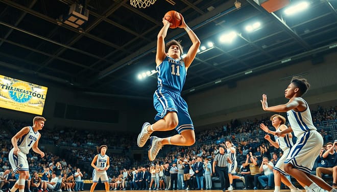 A dramatic scene capturing a pivotal moment in a Texas high school basketball championship game. In the foreground, a young athlete in a blue and white uniform, focused and determined, is mid-leap, releasing a basketball for a clutch shot. The athlete shows intense emotion, embodying individual brilliance. The middle ground reveals teammates and opposing players in dynamic action, their expressions a mix of anticipation and tension, as they witness this critical moment. In the background, a packed gymnasium is illuminated by bright floodlights, with fans on the edge of their seats, cheering passionately. The scene is framed from a low angle, emphasizing the height of the jump and the energy of the moment. The atmosphere is electric, filled with hope and determination, encapsulating the significance of this championship performance.
