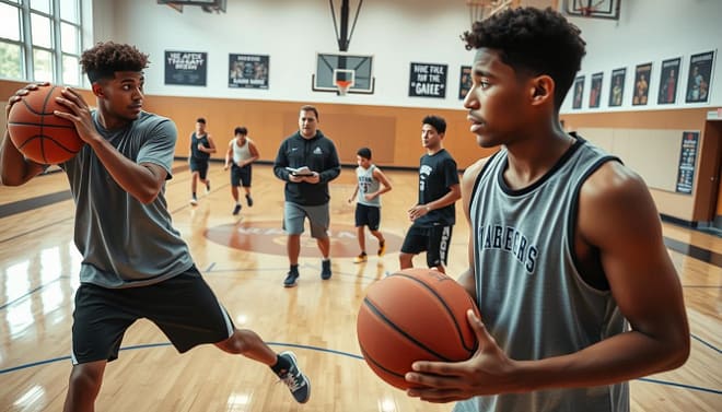 A dynamic basketball training scene set in a modern gymnasium, showcasing high school players engaged in skill development drills in preparation for the NCAA tournament. In the foreground, two young male athletes in modest athletic wear practice dribbling and shooting techniques, with focus and determination on their faces. In the middle ground, a coach provides guidance, holding a clipboard, while other players run through agility exercises. The background features a bright, well-lit gym with polished wooden floors, basketball hoops, and motivational posters on the walls. The atmosphere is intense and focused, captured with a wide-angle lens to emphasize the action and excitement, with natural lighting illuminating the space to enhance the energy of the training session. A dynamic basketball training scene set in a modern gymnasium, showcasing high school players engaged in skill development drills in preparation for the NCAA tournament. In the foreground, two young male athletes in modest athletic wear practice dribbling and shooting techniques, with focus and determination on their faces. In the middle ground, a coach provides guidance, holding a clipboard, while other players run through agility exercises. The background features a bright, well-lit gym with polished wooden floors, basketball hoops, and motivational posters on the walls. The atmosphere is intense and focused, captured with a wide-angle lens to emphasize the action and excitement, with natural lighting illuminating the space to enhance the energy of the training session.