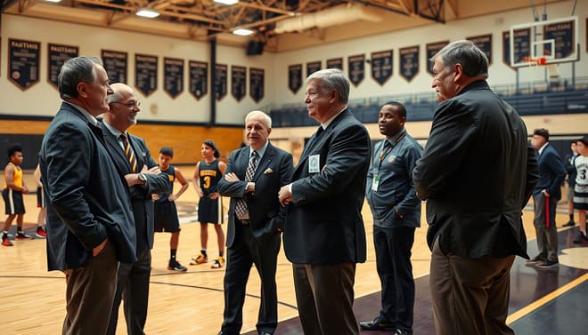 A dynamic scene capturing a group of Texas high school basketball coaches engaged in a lively discussion on the sidelines of a basketball court. In the foreground, several coaches in professional business attire, wearing team jackets and smart casual clothing, are animatedly sharing insights with each other, showcasing a sense of camaraderie. The middle ground features young athletes practicing drills, demonstrating the impact of these coaches' relationships with Iowa State. The background highlights a gymnasium filled with banners and trophies, signifying achievements. Soft, warm lighting illuminates the scene, creating an inspiring atmosphere, while a wide-angle lens captures the energy and connection between the coaches and players. The overall mood is one of mentorship, teamwork, and ambition in the world of high school basketball. A dynamic scene capturing a group of Texas high school basketball coaches engaged in a lively discussion on the sidelines of a basketball court. In the foreground, several coaches in professional business attire, wearing team jackets and smart casual clothing, are animatedly sharing insights with each other, showcasing a sense of camaraderie. The middle ground features young athletes practicing drills, demonstrating the impact of these coaches' relationships with Iowa State. The background highlights a gymnasium filled with banners and trophies, signifying achievements. Soft, warm lighting illuminates the scene, creating an inspiring atmosphere, while a wide-angle lens captures the energy and connection between the coaches and players. The overall mood is one of mentorship, teamwork, and ambition in the world of high school basketball.