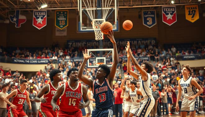 A dynamic scene capturing the energy of a Texas prep basketball tournament during March Madness. In the foreground, diverse high school players in vibrant team jerseys engage in an intense game, showcasing athleticism with mid-air jumps and determined expressions. The middle layer features a packed gymnasium filled with excited fans, their faces animated with support, while banners representing local teams hang in the background. The lighting is warm and focused, highlighting the action on the court, with high-angle shots capturing the excitement from above. The atmosphere is electric, evoking a sense of nostalgia and pride, celebrating the journey from local Texas gyms to the national NCAA tournament stage. The image is void of any text or overlays, purely visual storytelling that encapsulates the thrill of notable players’ memorable moments.