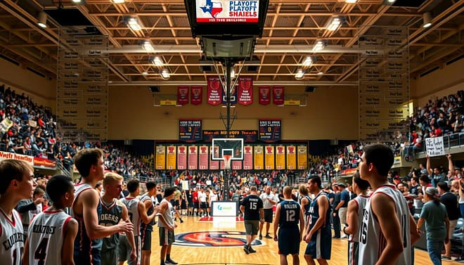 A high school basketball playoff bracket displayed prominently, set against a dramatic backdrop of a packed gymnasium. In the foreground, the intense expressions of young athletes wearing team jerseys, some shaking hands and others strategizing, showcase the energy of rivalry. The middle layer features a dynamic basketball court with colorful banners representing different schools, while the background captures enthusiastic fans holding signs and cheering, creating a vibrant atmosphere. The lighting is bright, focusing on the court, with shadows enhancing the tension. The perspective is slightly elevated, capturing the intensity of competition and the significance of tournament seeding in the heart of Texas high school culture. A high school basketball playoff bracket displayed prominently, set against a dramatic backdrop of a packed gymnasium. In the foreground, the intense expressions of young athletes wearing team jerseys, some shaking hands and others strategizing, showcase the energy of rivalry. The middle layer features a dynamic basketball court with colorful banners representing different schools, while the background captures enthusiastic fans holding signs and cheering, creating a vibrant atmosphere. The lighting is bright, focusing on the court, with shadows enhancing the tension. The perspective is slightly elevated, capturing the intensity of competition and the significance of tournament seeding in the heart of Texas high school culture.