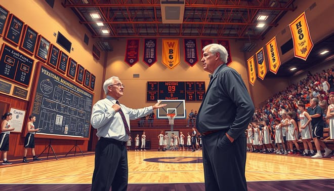 A richly detailed illustration depicting a high school basketball coaching scene, showcasing a veteran coach standing proudly in a gymnasium, surrounded by framed achievement plaques showcasing longevity milestones and records. In the foreground, the coach, dressed in professional attire, gestures towards a large chalkboard filled with diagrams and statistics, symbolizing program sustainability. The middle ground features enthusiastic students in basketball uniforms practicing diligently, while onlookers admire the historic banners hanging from the rafters. The background captures the vibrant atmosphere of a packed gym, illuminated by warm overhead lighting, creating a celebratory mood. Utilize a wide-angle lens for a dynamic perspective, emphasizing the excitement and dedication within the space. A richly detailed illustration depicting a high school basketball coaching scene, showcasing a veteran coach standing proudly in a gymnasium, surrounded by framed achievement plaques showcasing longevity milestones and records. In the foreground, the coach, dressed in professional attire, gestures towards a large chalkboard filled with diagrams and statistics, symbolizing program sustainability. The middle ground features enthusiastic students in basketball uniforms practicing diligently, while onlookers admire the historic banners hanging from the rafters. The background captures the vibrant atmosphere of a packed gym, illuminated by warm overhead lighting, creating a celebratory mood. Utilize a wide-angle lens for a dynamic perspective, emphasizing the excitement and dedication within the space.
