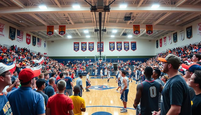 A vibrant high school basketball gym filled with excited fans, showcasing a tense rivalry atmosphere. In the foreground, a group of enthusiastic supporters from both schools, wearing team colors and holding banners, stand shoulder to shoulder. The middle ground features players in action on the court, intensely focused, wearing professional athletic uniforms, sweat glistening under the bright overhead lights. In the background, banners representing both schools hang from the rafters, creating a sense of history and pride. The lighting is bright and energetic, capturing the intensity of a heated game. The angle captures both the crowd's exhilaration and the competitive spirit on the court, evoking a sense of community investment and division. The scene conveys excitement, rivalry, and a deep-rooted passion for high school basketball in Texas. A vibrant high school basketball gym filled with excited fans, showcasing a tense rivalry atmosphere. In the foreground, a group of enthusiastic supporters from both schools, wearing team colors and holding banners, stand shoulder to shoulder. The middle ground features players in action on the court, intensely focused, wearing professional athletic uniforms, sweat glistening under the bright overhead lights. In the background, banners representing both schools hang from the rafters, creating a sense of history and pride. The lighting is bright and energetic, capturing the intensity of a heated game. The angle captures both the crowd's exhilaration and the competitive spirit on the court, evoking a sense of community investment and division. The scene conveys excitement, rivalry, and a deep-rooted passion for high school basketball in Texas.