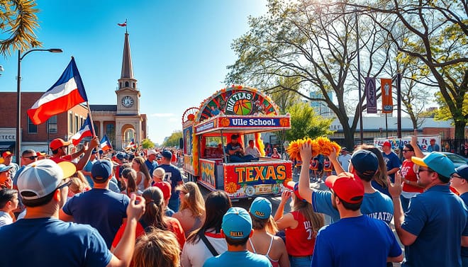 A vibrant scene capturing the UIL state championship community pride parade, showcasing a diverse crowd of enthusiastic supporters dressed in team colors, wearing hats and shirts emblazoned with local school logos. In the foreground, families and friends cheer joyfully, waving flags and signs celebrating their team. In the middle, a colorful float adorned with basketball-themed decorations makes its way down the street, while local bands and cheerleaders perform alongside it, showcasing their skills and energy. The background features iconic Texas landmarks and excited spectators lining the streets under a bright blue sky, with sunlight filtering through the trees, creating a warm, festive atmosphere. The image should convey a sense of unity and pride, emphasizing the impact of championship moments on the community.
