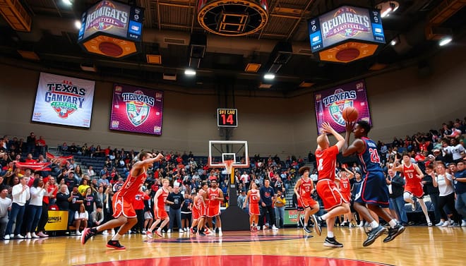 A high-energy basketball showcase event in a packed gymnasium, featuring two elite Texas high school teams in a competitive game. In the foreground, athletes in vibrant team uniforms are skillfully dribbling and shooting, demonstrating agility and determination. The middle ground captures enthusiastic fans cheering, waving banners, and wearing team colors, amplifying the atmosphere. The background shows large scoreboards displaying the teams' logos and scores, along with the gym’s bright overhead lights illuminating the action. The scene is shot from a low angle to emphasize the intensity of the competition, creating a dynamic perspective. The mood is electric, filled with excitement and anticipation, perfectly encapsulating the spirit of elite high school basketball.