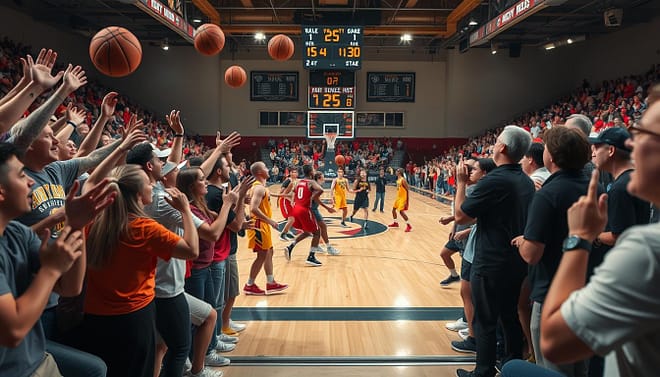 A high-stakes basketball game scene capturing the intense emotion of a bracket drama upset in a Texas high school tournament. In the foreground, a diverse group of jubilant fans, wearing school colors and cheering passionately, their expressions reflecting shock and elation. In the middle, the court features players in action, one team in bright jerseys executing a last-second play, while the other team, in darker colors, looks stunned. The scoreboard in the background shows an unexpected score, lights illuminating the scene with a dramatic glow. The atmosphere is electric, filled with tension and excitement, captured in a dynamic angle as if witnessing the moment from the stands, with basketballs flying and sneakers skidding on the polished floor.