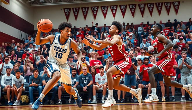 A dynamic basketball court scene capturing the intense clash of the Texas and Oklahoma high school teams during a rivalry game. In the foreground, a Texas player in a blue and white uniform demonstrates an aggressive drive to the basketball, while an Oklahoma player in crimson and cream attempts to block him. The players exhibit contrasting styles: Texas focuses on speed and agility, while Oklahoma relies on strong defense and teamwork. In the middle ground, a diverse crowd of fans, wearing team colors, passionately cheers in a high school gym with banners. The background shows basketball trophies and pennants, symbolizing their competitive history. The lighting is bright and vibrant, creating an electric atmosphere, shot from a low angle to emphasize the players' intensity and the excitement of the game. A dynamic basketball court scene capturing the intense clash of the Texas and Oklahoma high school teams during a rivalry game. In the foreground, a Texas player in a blue and white uniform demonstrates an aggressive drive to the basketball, while an Oklahoma player in crimson and cream attempts to block him. The players exhibit contrasting styles: Texas focuses on speed and agility, while Oklahoma relies on strong defense and teamwork. In the middle ground, a diverse crowd of fans, wearing team colors, passionately cheers in a high school gym with banners. The background shows basketball trophies and pennants, symbolizing their competitive history. The lighting is bright and vibrant, creating an electric atmosphere, shot from a low angle to emphasize the players' intensity and the excitement of the game.