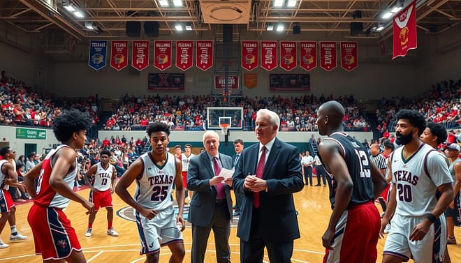 A vibrant high school basketball recruiting scene at a border state competition, showcasing players in action on the court. In the foreground, diverse athletes wearing Texas and Oklahoma jerseys are engaged in intense gameplay, demonstrating skill and teamwork. In the middle ground, scouts and coaches in professional business attire are observing the game closely, taking notes and discussing strategies. The background features a packed gymnasium with enthusiastic fans cheering, banners representing both states hanging from the walls, and bright lights illuminating the court, creating an energetic atmosphere. The composition captures the excitement and stakes of the recruiting process, with dynamic angles showing movement and focus on the athletes. The overall mood is competitive and hopeful, symbolizing the crossroads of young talent aiming for college programs. A vibrant high school basketball recruiting scene at a border state competition, showcasing players in action on the court. In the foreground, diverse athletes wearing Texas and Oklahoma jerseys are engaged in intense gameplay, demonstrating skill and teamwork. In the middle ground, scouts and coaches in professional business attire are observing the game closely, taking notes and discussing strategies. The background features a packed gymnasium with enthusiastic fans cheering, banners representing both states hanging from the walls, and bright lights illuminating the court, creating an energetic atmosphere. The composition captures the excitement and stakes of the recruiting process, with dynamic angles showing movement and focus on the athletes. The overall mood is competitive and hopeful, symbolizing the crossroads of young talent aiming for college programs.