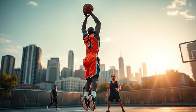 A basketball player performing an elbow jumper in a dynamic urban outdoor court setting. The player, a tall Black man with an athletic build, wears a stylish, modern basketball jersey and shorts in vibrant colors. The focus is on his form as he elevates to shoot, showcasing the mechanics of the elbow jumper, with his knees bent and arms extended. In the middle ground, a defender reacts, while teammates space out around the three-point line, creating a tactical play. The background features a city skyline under a bright blue sky with soft, golden hour sunlight casting warm highlights. The atmosphere is energetic and intense, capturing a moment of skillful execution in basketball. Lens: 50mm, angle focusing on the player, with dynamic depth of field. A basketball player performing an elbow jumper in a dynamic urban outdoor court setting. The player, a tall Black man with an athletic build, wears a stylish, modern basketball jersey and shorts in vibrant colors. The focus is on his form as he elevates to shoot, showcasing the mechanics of the elbow jumper, with his knees bent and arms extended. In the middle ground, a defender reacts, while teammates space out around the three-point line, creating a tactical play. The background features a city skyline under a bright blue sky with soft, golden hour sunlight casting warm highlights. The atmosphere is energetic and intense, capturing a moment of skillful execution in basketball. Lens: 50mm, angle focusing on the player, with dynamic depth of field.