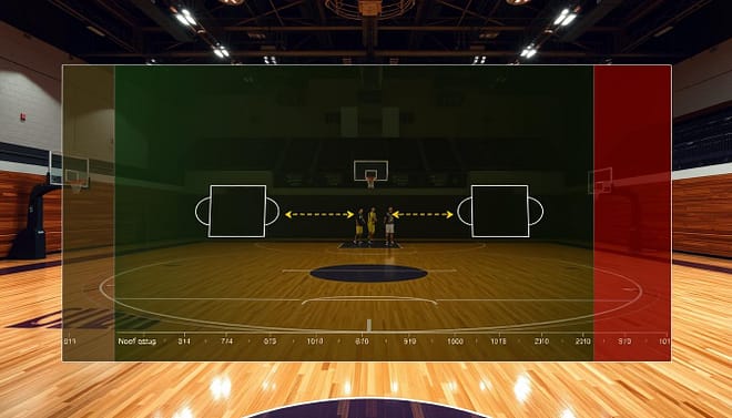 A detailed shot chart illustrating basketball analytics, showcasing various shooting zones on a court. The foreground features an artistic graph overlay that highlights different shooting percentages in distinct color zones, such as green for high efficiency and red for low efficiency. In the middle, a semi-transparent layer displays player movement patterns, marked with arrows to indicate unassisted and assisted shots. The background consists of a well-lit basketball court with a polished hardwood floor and professional lighting, emphasizing a dynamic atmosphere. Use a wide-angle perspective to convey depth, ensuring all details are clear and visually engaging, with a sense of sports professionalism and analytical precision throughout the image. A detailed shot chart illustrating basketball analytics, showcasing various shooting zones on a court. The foreground features an artistic graph overlay that highlights different shooting percentages in distinct color zones, such as green for high efficiency and red for low efficiency. In the middle, a semi-transparent layer displays player movement patterns, marked with arrows to indicate unassisted and assisted shots. The background consists of a well-lit basketball court with a polished hardwood floor and professional lighting, emphasizing a dynamic atmosphere. Use a wide-angle perspective to convey depth, ensuring all details are clear and visually engaging, with a sense of sports professionalism and analytical precision throughout the image.