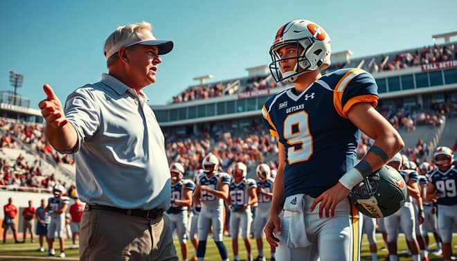 A dramatic scene capturing legendary high school sports duos, showcasing a dynamic pair of alumni coaches and their star athletes in action. In the foreground, a passionate football coach in a crisp polo shirt gestures animatedly, while a talented quarterback, wearing a clean uniform with a helmet under one arm, listens intently. The middle ground features a diverse group of enthusiastic young players, mid-action, practicing drills, representing teamwork and community spirit. The background portrays a vibrant high school stadium filled with cheering fans, banners waving, under a bright blue Texas sky. The lighting is warm and inviting, creating an uplifting atmosphere. The angle is slightly low to convey energy, emphasizing the bonds and dedication that fuel these legendary partnerships. A dramatic scene capturing legendary high school sports duos, showcasing a dynamic pair of alumni coaches and their star athletes in action. In the foreground, a passionate football coach in a crisp polo shirt gestures animatedly, while a talented quarterback, wearing a clean uniform with a helmet under one arm, listens intently. The middle ground features a diverse group of enthusiastic young players, mid-action, practicing drills, representing teamwork and community spirit. The background portrays a vibrant high school stadium filled with cheering fans, banners waving, under a bright blue Texas sky. The lighting is warm and inviting, creating an uplifting atmosphere. The angle is slightly low to convey energy, emphasizing the bonds and dedication that fuel these legendary partnerships.