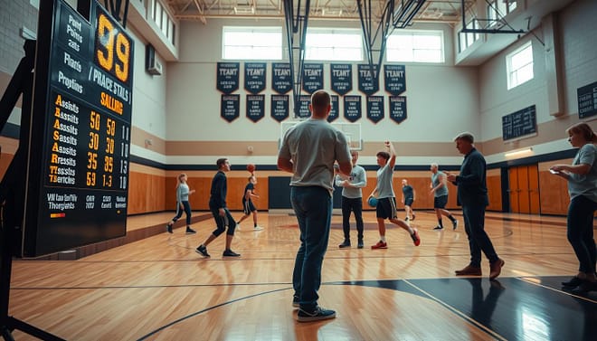 A dynamic and engaging scene depicting a high school basketball practice environment focused on tracking player statistics. In the foreground, a detailed digital scoreboard shows player stats like points, assists, and rebounds, illuminated with bright LED lights. In the middle ground, a high school gymnasium with polished hardwood floors features players practicing various drills, some taking shots and others working on dribbling. Coaches are observing and taking notes on clipboards, emphasizing a serious yet encouraging atmosphere. The background showcases banners hanging from the rafters celebrating team achievements. Soft, natural lighting filters in through the gym's windows, creating an inspiring and competitive mood. The perspective is from a low angle, capturing the intensity and excitement of the practice session while keeping the scene looking professional and organized. A dynamic and engaging scene depicting a high school basketball practice environment focused on tracking player statistics. In the foreground, a detailed digital scoreboard shows player stats like points, assists, and rebounds, illuminated with bright LED lights. In the middle ground, a high school gymnasium with polished hardwood floors features players practicing various drills, some taking shots and others working on dribbling. Coaches are observing and taking notes on clipboards, emphasizing a serious yet encouraging atmosphere. The background showcases banners hanging from the rafters celebrating team achievements. Soft, natural lighting filters in through the gym's windows, creating an inspiring and competitive mood. The perspective is from a low angle, capturing the intensity and excitement of the practice session while keeping the scene looking professional and organized.
