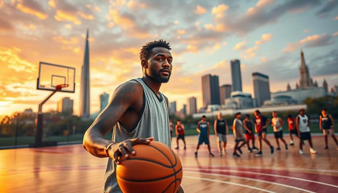 A dynamic basketball court setting layered with Texas influences, featuring a tall African American man in modest athletic gear, dribbling a basketball with determination in the foreground. His expression showcases leadership and confidence, symbolizing his journey from local gyms to stardom. In the middle ground, a diverse group of high school players, engaged in drills and teamwork, reflects a sense of community. To the background, iconic Texas landmarks subtly blend with a vibrant sunset sky, casting warm, golden tones that enhance the atmosphere. The scene captures the spirit of mentorship and camaraderie in youth basketball, with soft lighting emphasizing the players' movements. A slight low-angle shot adds majesty to the man's presence, inspiring aspiring athletes. A dynamic basketball court setting layered with Texas influences, featuring a tall African American man in modest athletic gear, dribbling a basketball with determination in the foreground. His expression showcases leadership and confidence, symbolizing his journey from local gyms to stardom. In the middle ground, a diverse group of high school players, engaged in drills and teamwork, reflects a sense of community. To the background, iconic Texas landmarks subtly blend with a vibrant sunset sky, casting warm, golden tones that enhance the atmosphere. The scene captures the spirit of mentorship and camaraderie in youth basketball, with soft lighting emphasizing the players' movements. A slight low-angle shot adds majesty to the man's presence, inspiring aspiring athletes.