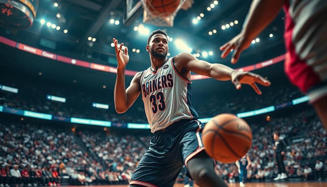 A dynamic basketball scene showcasing a player executing a post-footwork move, centered in the foreground. The athlete, dressed in a professional basketball uniform, is in mid-action, demonstrating a jump hook while facing a defender. His expression reflects focus and determination. The background features a packed basketball arena, with spectators in blurred motion, enhancing the sense of action. Utilize dramatic lighting to highlight the player, casting soft shadows that emphasize his athletic form. The angle captures the court from a low perspective, creating a sense of depth and immersion in the game. The overall mood is intense and energetic, emphasizing skill and strategic gameplay within the modern basketball landscape. A dynamic basketball scene showcasing a player executing a post-footwork move, centered in the foreground. The athlete, dressed in a professional basketball uniform, is in mid-action, demonstrating a jump hook while facing a defender. His expression reflects focus and determination. The background features a packed basketball arena, with spectators in blurred motion, enhancing the sense of action. Utilize dramatic lighting to highlight the player, casting soft shadows that emphasize his athletic form. The angle captures the court from a low perspective, creating a sense of depth and immersion in the game. The overall mood is intense and energetic, emphasizing skill and strategic gameplay within the modern basketball landscape.
