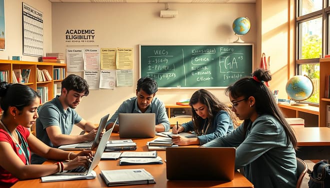 A dynamic educational setting illustrating "academic eligibility" in a high school context. In the foreground, a diverse group of high school students studying diligently at a table with laptops, books, and papers, all wearing smart casual attire. The middle ground features a wall with an academic calendar and posters about core courses and GPA requirements, while a well-organized classroom environment envelops them, including a chalkboard with formulas and a globe. The background showcases shelves filled with educational materials and vibrant foliage through a window, conveying a sense of growth and opportunity. The lighting is warm and inviting, with sunlight streaming in, creating an atmosphere of determination and aspiration. The scene captures the essence of balancing academics with aspirations of pursuing sports careers. A dynamic educational setting illustrating "academic eligibility" in a high school context. In the foreground, a diverse group of high school students studying diligently at a table with laptops, books, and papers, all wearing smart casual attire. The middle ground features a wall with an academic calendar and posters about core courses and GPA requirements, while a well-organized classroom environment envelops them, including a chalkboard with formulas and a globe. The background showcases shelves filled with educational materials and vibrant foliage through a window, conveying a sense of growth and opportunity. The lighting is warm and inviting, with sunlight streaming in, creating an atmosphere of determination and aspiration. The scene captures the essence of balancing academics with aspirations of pursuing sports careers.