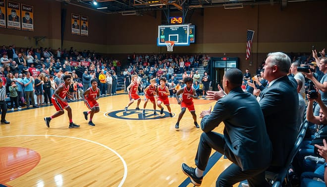 A dynamic high school basketball scene capturing the intense energy of a state tournament classic. In the foreground, a diverse group of high school players in vibrant team uniforms executes a tightly coordinated defensive strategy, their expressions focused and determined. They are spread across a polished wooden court, showcasing an aggressive matchup zone, while a coach passionately offers direction from the sidelines. In the middle ground, the vibrant crowd is captured, with fans on their feet, some waving team banners, and others capturing the moment on their phones. The background features a digital scoreboard illuminating the buzzing atmosphere of a packed gymnasium, with dramatic lighting highlighting the players’ movements. The image embodies teamwork, strategy, and the electric tension of competitive sports, evoking feelings of nostalgia and passion. A dynamic high school basketball scene capturing the intense energy of a state tournament classic. In the foreground, a diverse group of high school players in vibrant team uniforms executes a tightly coordinated defensive strategy, their expressions focused and determined. They are spread across a polished wooden court, showcasing an aggressive matchup zone, while a coach passionately offers direction from the sidelines. In the middle ground, the vibrant crowd is captured, with fans on their feet, some waving team banners, and others capturing the moment on their phones. The background features a digital scoreboard illuminating the buzzing atmosphere of a packed gymnasium, with dramatic lighting highlighting the players’ movements. The image embodies teamwork, strategy, and the electric tension of competitive sports, evoking feelings of nostalgia and passion.