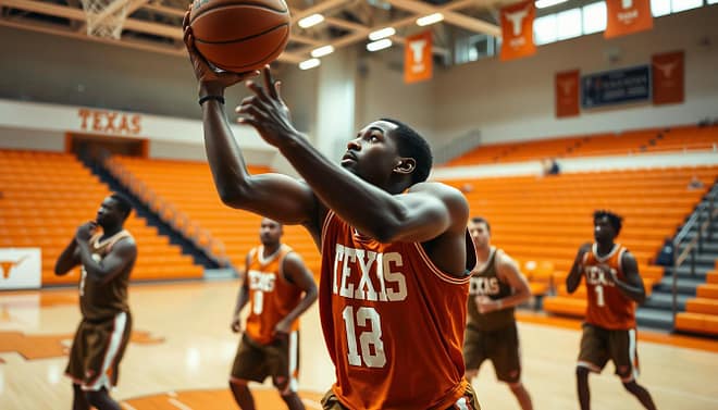 A dynamic scene capturing Kevin Durant during a Texas Longhorns basketball practice, showcasing his dedication and impact on the court. In the foreground, Durant is skillfully executing a jump shot, wearing a Texas Longhorns jersey and professional athletic gear. The middle ground features fellow teammates engaged in intense drills, with focus and determination on their faces. In the background, a typical University of Texas gym is visible, complete with bleachers and vibrant orange and white team colors. The lighting is bright and energetic, emphasizing the intensity of practice. The atmosphere is one of camaraderie and dedication, symbolizing the ties to the community and commitment to hard work. The image conveys a sense of aspiration and the journey from local talent to a global icon. A dynamic scene capturing Kevin Durant during a Texas Longhorns basketball practice, showcasing his dedication and impact on the court. In the foreground, Durant is skillfully executing a jump shot, wearing a Texas Longhorns jersey and professional athletic gear. The middle ground features fellow teammates engaged in intense drills, with focus and determination on their faces. In the background, a typical University of Texas gym is visible, complete with bleachers and vibrant orange and white team colors. The lighting is bright and energetic, emphasizing the intensity of practice. The atmosphere is one of camaraderie and dedication, symbolizing the ties to the community and commitment to hard work. The image conveys a sense of aspiration and the journey from local talent to a global icon.