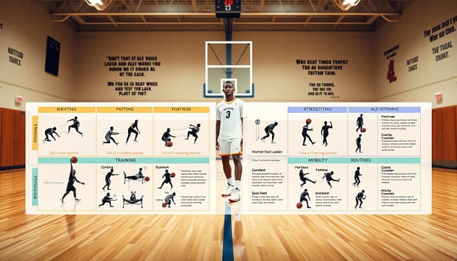 A dynamic training blueprint inspired by Kevin Durant, featuring a detailed illustration of key elements for player development. In the foreground, visualize a well-organized digital training plan, showcasing shooting drills, footwork ladders, strength training exercises, and mobility routines. Each section is colorful and clearly labeled. In the middle ground, depict a high school basketball player practicing these drills on a polished gym floor, wearing a professional-looking jersey and modest athletic attire, focused and determined. The background should emphasize a well-lit indoor gym with hardwood floors and walls adorned with motivational quotes. Soft lighting highlights the athlete, creating a serious yet inspiring atmosphere, encapsulating the essence of rigorous training and dedication necessary for success in basketball. A dynamic training blueprint inspired by Kevin Durant, featuring a detailed illustration of key elements for player development. In the foreground, visualize a well-organized digital training plan, showcasing shooting drills, footwork ladders, strength training exercises, and mobility routines. Each section is colorful and clearly labeled. In the middle ground, depict a high school basketball player practicing these drills on a polished gym floor, wearing a professional-looking jersey and modest athletic attire, focused and determined. The background should emphasize a well-lit indoor gym with hardwood floors and walls adorned with motivational quotes. Soft lighting highlights the athlete, creating a serious yet inspiring atmosphere, encapsulating the essence of rigorous training and dedication necessary for success in basketball.