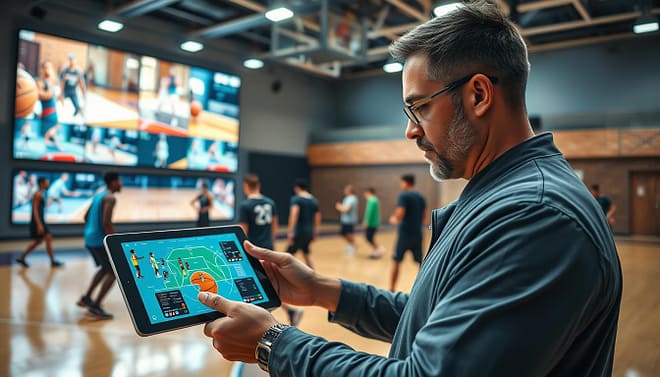 A dynamic urban sports analysis environment, featuring a sleek digital interface displaying real-time video tagging of basketball players. In the foreground, a focused coach in professional sports attire reviews plays on a high-resolution tablet with interactive diagrams. In the middle ground, a diverse group of athletes actively engaged in a training session, showcasing various plays, with motion lines and statistic overlays highlighting key performances. The background includes a modern gym with large screens streaming game footage and analytics, bathed in bright, ambient lighting to create an energetic atmosphere. The scene conveys meticulous attention to detail, emphasizing technology in player development, with a cinematic perspective and clear, vibrant colors that illustrate the essence of learning and improvement in sports. A dynamic urban sports analysis environment, featuring a sleek digital interface displaying real-time video tagging of basketball players. In the foreground, a focused coach in professional sports attire reviews plays on a high-resolution tablet with interactive diagrams. In the middle ground, a diverse group of athletes actively engaged in a training session, showcasing various plays, with motion lines and statistic overlays highlighting key performances. The background includes a modern gym with large screens streaming game footage and analytics, bathed in bright, ambient lighting to create an energetic atmosphere. The scene conveys meticulous attention to detail, emphasizing technology in player development, with a cinematic perspective and clear, vibrant colors that illustrate the essence of learning and improvement in sports.