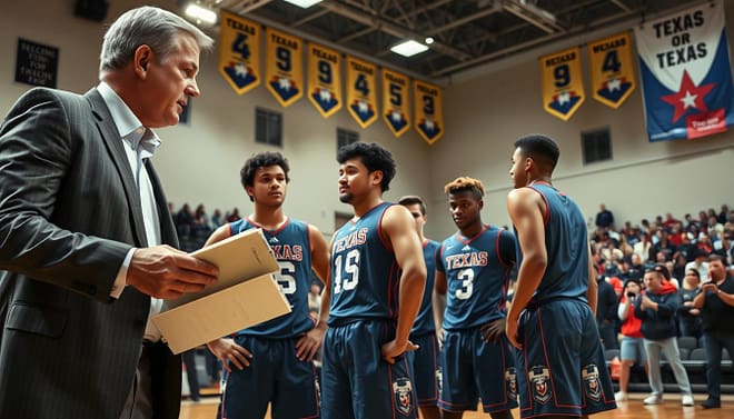 A high-energy scene capturing a Texas high school basketball game in March, focusing on the dynamic between coaches and players during critical moments. In the foreground, an intense coach, wearing a smart casual outfit, passionately instructs his team, gesturing with a clipboard in hand. In the middle, players clad in their team colors are engaged in a strategic huddle, their expressions reflecting a mix of determination and focus, showcasing teamwork and possession management. In the background, the brightly lit gymnasium fills with cheering fans, banners representing previous victories hanging from the rafters, creating an electric atmosphere. Use dramatic lighting to highlight the intensity of the moment, with a low-angle shot that emphasizes the action on the court. The image should evoke a sense of pride and excitement, representative of Texas high school basketball dynasties. A high-energy scene capturing a Texas high school basketball game in March, focusing on the dynamic between coaches and players during critical moments. In the foreground, an intense coach, wearing a smart casual outfit, passionately instructs his team, gesturing with a clipboard in hand. In the middle, players clad in their team colors are engaged in a strategic huddle, their expressions reflecting a mix of determination and focus, showcasing teamwork and possession management. In the background, the brightly lit gymnasium fills with cheering fans, banners representing previous victories hanging from the rafters, creating an electric atmosphere. Use dramatic lighting to highlight the intensity of the moment, with a low-angle shot that emphasizes the action on the court. The image should evoke a sense of pride and excitement, representative of Texas high school basketball dynasties.