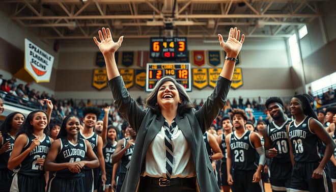 A powerful scene capturing a diverse high school basketball coaching team celebrating a groundbreaking victory in a gymnasium. In the foreground, a female coach, dressed in professional sports attire, is seen joyfully raising her arms in triumph. She is surrounded by players of various ethnic backgrounds, all wearing their team uniforms, showing expressions of excitement and unity. The middle ground reveals a scoreboard reflecting their historic win, while banners celebrating diversity and inclusion hang from the walls. In the background, the bleachers are filled with cheering fans, creating a vibrant atmosphere. The lighting is bright and uplifting, emphasizing a sense of hope and progress. The angle is slightly low, showcasing the dynamic energy of the moment, conveying an inspiring mood that highlights barrier-breaking achievements in coaching. A powerful scene capturing a diverse high school basketball coaching team celebrating a groundbreaking victory in a gymnasium. In the foreground, a female coach, dressed in professional sports attire, is seen joyfully raising her arms in triumph. She is surrounded by players of various ethnic backgrounds, all wearing their team uniforms, showing expressions of excitement and unity. The middle ground reveals a scoreboard reflecting their historic win, while banners celebrating diversity and inclusion hang from the walls. In the background, the bleachers are filled with cheering fans, creating a vibrant atmosphere. The lighting is bright and uplifting, emphasizing a sense of hope and progress. The angle is slightly low, showcasing the dynamic energy of the moment, conveying an inspiring mood that highlights barrier-breaking achievements in coaching.