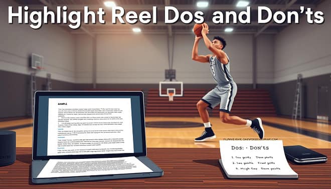 A professional and visually engaging illustration showcasing the "Highlight Reel Dos and Don’ts." In the foreground, depict a well-organized desk featuring a laptop open to a sample outreach email, alongside a notepad with bullet points labeled "Dos" and "Don’ts." In the middle ground, include an action shot of a young male basketball player demonstrating impressive skills, dressed in a neat, athletic uniform. The background shows a basketball gym with dynamic lighting highlighting the action, creating an inspirational atmosphere. Use a shallow depth of field to focus on the player and the desk, emphasizing the importance of professional presentation and messaging in creating a standout highlight reel. The overall mood should convey professionalism, ambition, and a clear path toward success in sports. A professional and visually engaging illustration showcasing the "Highlight Reel Dos and Don’ts." In the foreground, depict a well-organized desk featuring a laptop open to a sample outreach email, alongside a notepad with bullet points labeled "Dos" and "Don’ts." In the middle ground, include an action shot of a young male basketball player demonstrating impressive skills, dressed in a neat, athletic uniform. The background shows a basketball gym with dynamic lighting highlighting the action, creating an inspirational atmosphere. Use a shallow depth of field to focus on the player and the desk, emphasizing the importance of professional presentation and messaging in creating a standout highlight reel. The overall mood should convey professionalism, ambition, and a clear path toward success in sports.