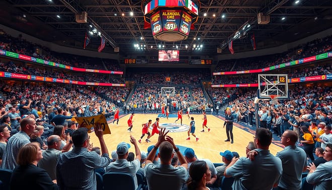 A vibrant scene inside the Alamodome during a high-stakes high school basketball game, showcasing the evolution of basketball facilities. In the foreground, a diverse crowd of enthusiastic fans is captured in professional casual attire, passionately cheering with colorful banners. The middle ground features players in dynamic motion on the polished hardwood court, wearing standard high school uniforms in vivid colors, as they execute a crucial play. The background reveals the impressive architectural features of the Alamodome, with its soaring ceilings and bright lighting illuminating the court. The atmosphere is electric, conveying excitement and anticipation, with dramatic overhead lighting casting dynamic shadows and highlights. The composition is framed from a slightly elevated angle, providing a view that emphasizes the scale of the arena and the intensity of the game, evoking a sense of pride in Texas high school basketball history. A vibrant scene inside the Alamodome during a high-stakes high school basketball game, showcasing the evolution of basketball facilities. In the foreground, a diverse crowd of enthusiastic fans is captured in professional casual attire, passionately cheering with colorful banners. The middle ground features players in dynamic motion on the polished hardwood court, wearing standard high school uniforms in vivid colors, as they execute a crucial play. The background reveals the impressive architectural features of the Alamodome, with its soaring ceilings and bright lighting illuminating the court. The atmosphere is electric, conveying excitement and anticipation, with dramatic overhead lighting casting dynamic shadows and highlights. The composition is framed from a slightly elevated angle, providing a view that emphasizes the scale of the arena and the intensity of the game, evoking a sense of pride in Texas high school basketball history.