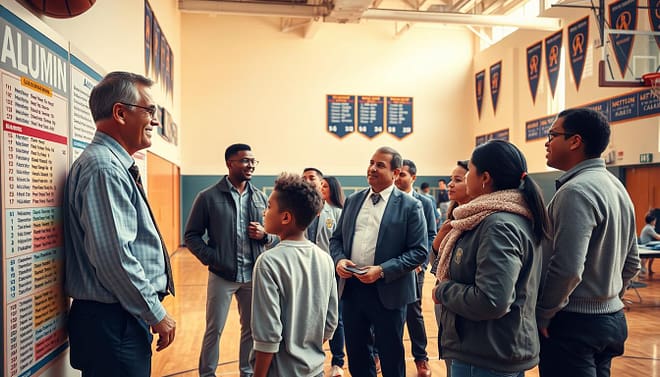 A visually captivating scene depicting a diverse group of alumni gathered in a well-lit school gymnasium, engaging in thoughtful discussion about their basketball journeys. In the foreground, a prominent bulletin board displays a colorful alumni list, featuring names and achievements. To the left, a mentor in smart casual attire shares insights with a young athlete, while in the background, club coaches interact with parents, exchanging advice in a supportive atmosphere. Soft, warm lighting enhances the sense of community, while the camera angle captures the excitement and connection among the group. The mood is inspiring and motivating, reflecting the significance of mentorship and collaboration in the path from high school to professional athletics. The space is vibrant, adorned with school memorabilia and banners, creating an energetic yet professional setting without any text or distractions. A visually captivating scene depicting a diverse group of alumni gathered in a well-lit school gymnasium, engaging in thoughtful discussion about their basketball journeys. In the foreground, a prominent bulletin board displays a colorful alumni list, featuring names and achievements. To the left, a mentor in smart casual attire shares insights with a young athlete, while in the background, club coaches interact with parents, exchanging advice in a supportive atmosphere. Soft, warm lighting enhances the sense of community, while the camera angle captures the excitement and connection among the group. The mood is inspiring and motivating, reflecting the significance of mentorship and collaboration in the path from high school to professional athletics. The space is vibrant, adorned with school memorabilia and banners, creating an energetic yet professional setting without any text or distractions.