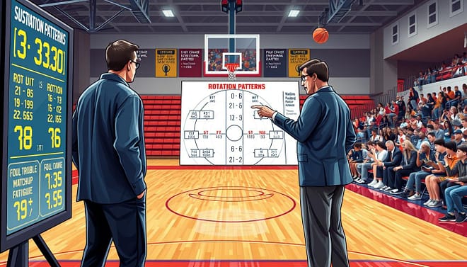 A dynamic and engaging illustration depicting "substitution patterns" for high school basketball, focusing on rotation templates based on foul trouble, matchup, and fatigue. In the foreground, show a digital scoreboard with player stats and a circular diagram of substitution patterns. In the middle ground, visualize a basketball court with professional-looking coaches in modest casual attire discussing strategies among themselves, pointing at a tactical board filled with rotation notes. The background features a gym with bleachers and a cheering crowd, creating an energetic atmosphere. Use vibrant lighting to highlight the coach's intensity and the liveliness of the gym. Capture the essence of teamwork and strategy in the image, with a clear focus on effective rotational tactics. A dynamic and engaging illustration depicting "substitution patterns" for high school basketball, focusing on rotation templates based on foul trouble, matchup, and fatigue. In the foreground, show a digital scoreboard with player stats and a circular diagram of substitution patterns. In the middle ground, visualize a basketball court with professional-looking coaches in modest casual attire discussing strategies among themselves, pointing at a tactical board filled with rotation notes. The background features a gym with bleachers and a cheering crowd, creating an energetic atmosphere. Use vibrant lighting to highlight the coach's intensity and the liveliness of the gym. Capture the essence of teamwork and strategy in the image, with a clear focus on effective rotational tactics.