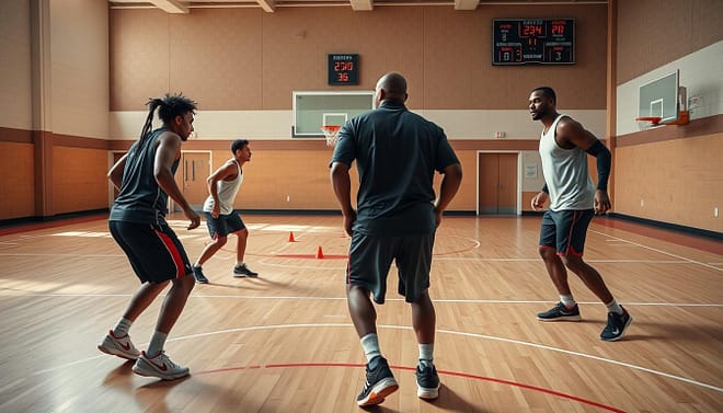 A dynamic basketball practice scene focusing on spacing rules in gameplay. In the foreground, two pairs of athletes in professional sports attire engage in a fast-paced drill, emphasizing their positions on the court—one duo showcases a backcourt combination with guard and shooting positions, while the frontcourt pairing displays a power forward and center working together. The middle ground features a basketball court, marked with detailed lines, diagrams illustrating spacing concepts, and cones set up for practice. In the background, a coach, wearing a sports jacket, analyzes the players with a clip board, while a scoreboard illuminates the atmosphere. Soft, natural lighting streams in, giving a sense of energy and focus to the scene, captured from a low angle to emphasize the intensity of the practice. A dynamic basketball practice scene focusing on spacing rules in gameplay. In the foreground, two pairs of athletes in professional sports attire engage in a fast-paced drill, emphasizing their positions on the court—one duo showcases a backcourt combination with guard and shooting positions, while the frontcourt pairing displays a power forward and center working together. The middle ground features a basketball court, marked with detailed lines, diagrams illustrating spacing concepts, and cones set up for practice. In the background, a coach, wearing a sports jacket, analyzes the players with a clip board, while a scoreboard illuminates the atmosphere. Soft, natural lighting streams in, giving a sense of energy and focus to the scene, captured from a low angle to emphasize the intensity of the practice.