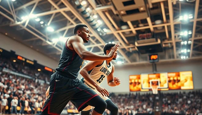 A dynamic basketball scene featuring two frontcourt players executing a pick and roll maneuver on the court. In the foreground, a tall, athletic player dressed in a sleek basketball uniform is setting a solid screen, showcasing a focused expression. The second player, appearing as a rim runner, accelerates towards the basket, ready to make a powerful move. In the background, an open court with a blurred crowd creates an energetic atmosphere, illuminated by bright stadium lights. Captured from a low angle to emphasize the players' height and action, the image conveys intensity and teamwork in the sport. The overall mood is one of collaboration and strategic play, highlighting the synergy between the rim runner and the spacer. A dynamic basketball scene featuring two frontcourt players executing a pick and roll maneuver on the court. In the foreground, a tall, athletic player dressed in a sleek basketball uniform is setting a solid screen, showcasing a focused expression. The second player, appearing as a rim runner, accelerates towards the basket, ready to make a powerful move. In the background, an open court with a blurred crowd creates an energetic atmosphere, illuminated by bright stadium lights. Captured from a low angle to emphasize the players' height and action, the image conveys intensity and teamwork in the sport. The overall mood is one of collaboration and strategic play, highlighting the synergy between the rim runner and the spacer.