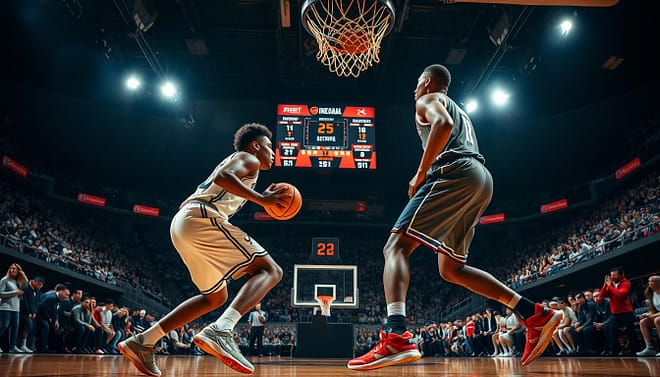 A dynamic basketball scene featuring two skilled players executing a pick and roll on a court during a late-game situation. In the foreground, a male point guard, dressed in a professional basketball jersey and shorts, dribbles towards a towering center who is setting a solid screen. The center, wearing a contrasting jersey, is poised to roll towards the basket. In the middle ground, a scoreboard shows a close game with only seconds left on the clock, enhancing the tension. The background reveals eager fans in the stands, illuminated by dramatic arena lighting that casts a focused spotlight on the players. The atmosphere is intense and energetic, capturing the urgency of late-game strategy and teamwork. The image is taken from a low angle to emphasize the height of the players and the excitement of the moment. A dynamic basketball scene featuring two skilled players executing a pick and roll on a court during a late-game situation. In the foreground, a male point guard, dressed in a professional basketball jersey and shorts, dribbles towards a towering center who is setting a solid screen. The center, wearing a contrasting jersey, is poised to roll towards the basket. In the middle ground, a scoreboard shows a close game with only seconds left on the clock, enhancing the tension. The background reveals eager fans in the stands, illuminated by dramatic arena lighting that casts a focused spotlight on the players. The atmosphere is intense and energetic, capturing the urgency of late-game strategy and teamwork. The image is taken from a low angle to emphasize the height of the players and the excitement of the moment.