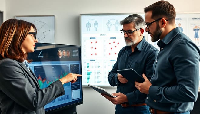 A dynamic scout team comprised of four diverse individuals is huddled around a large digital screen displaying intricate player stats, matchup analytics, and shot charts in an office setting. In the foreground, one analyst, a woman with glasses in a professional blazer, points at a specific trend, while a man in a smart casual shirt takes notes. The middle ground features another analyst, a man with a tablet, thoughtfully observing the data displayed. The background reveals a whiteboard filled with tactical drawings and player profiles, hinting at a collaborative atmosphere. The lighting is bright and focused, creating a sense of urgency and determination. The overall mood is one of teamwork and strategic planning, essential for effective scouting and analysis. A dynamic scout team comprised of four diverse individuals is huddled around a large digital screen displaying intricate player stats, matchup analytics, and shot charts in an office setting. In the foreground, one analyst, a woman with glasses in a professional blazer, points at a specific trend, while a man in a smart casual shirt takes notes. The middle ground features another analyst, a man with a tablet, thoughtfully observing the data displayed. The background reveals a whiteboard filled with tactical drawings and player profiles, hinting at a collaborative atmosphere. The lighting is bright and focused, creating a sense of urgency and determination. The overall mood is one of teamwork and strategic planning, essential for effective scouting and analysis.