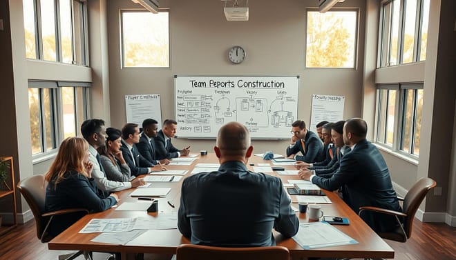 A dynamic sports meeting room in a cozy, well-lit environment. In the foreground, a diverse group of coaches in smart professional attire collaborate around a large table filled with player profiles, charts, and strategy boards, showcasing a focus on roster construction. The middle ground features a whiteboard with diagrams illustrating a developmental pipeline from freshman to varsity levels, highlighting role clarity and integration of junior varsity teams. In the background, large windows let in warm, natural light, creating an inviting atmosphere. The scene captures a spirit of teamwork and strategic planning, with an emphasis on clarity and unity in team building, framed from a slightly elevated angle to provide depth and detail. The mood is collaborative and optimistic. A dynamic sports meeting room in a cozy, well-lit environment. In the foreground, a diverse group of coaches in smart professional attire collaborate around a large table filled with player profiles, charts, and strategy boards, showcasing a focus on roster construction. The middle ground features a whiteboard with diagrams illustrating a developmental pipeline from freshman to varsity levels, highlighting role clarity and integration of junior varsity teams. In the background, large windows let in warm, natural light, creating an inviting atmosphere. The scene captures a spirit of teamwork and strategic planning, with an emphasis on clarity and unity in team building, framed from a slightly elevated angle to provide depth and detail. The mood is collaborative and optimistic.