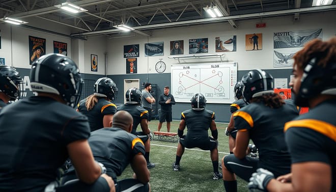 A dynamic sports training environment showcasing a team in action, emphasizing the concept of "Special Teams Culture Standards." In the foreground, a diverse group of athletes in professional training gear are strategically positioned, engaged in intense practice drills. The middle ground features a coaching staff, demonstrating tactical strategies on a whiteboard, with diagrams illustrating BLOB and SLOB plays. In the background, a gym with bright overhead lights highlights various training equipment and motivational posters. Use a wide-angle lens to capture the energy and interaction among the team members, conveying a sense of unity and purpose. The atmosphere is focused and energetic, embodying the spirit of teamwork and strategic planning essential for success in sports. A dynamic sports training environment showcasing a team in action, emphasizing the concept of "Special Teams Culture Standards." In the foreground, a diverse group of athletes in professional training gear are strategically positioned, engaged in intense practice drills. The middle ground features a coaching staff, demonstrating tactical strategies on a whiteboard, with diagrams illustrating BLOB and SLOB plays. In the background, a gym with bright overhead lights highlights various training equipment and motivational posters. Use a wide-angle lens to capture the energy and interaction among the team members, conveying a sense of unity and purpose. The atmosphere is focused and energetic, embodying the spirit of teamwork and strategic planning essential for success in sports.