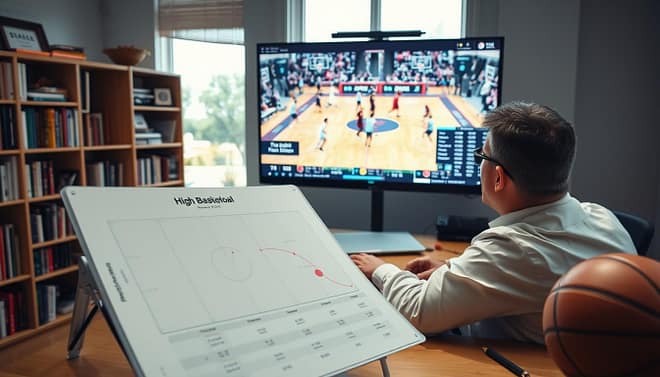 A high school basketball coach is sitting at a desk in a cozy, well-lit office, reviewing game footage on a large screen, displaying dynamic player movements and statistics. In the foreground, a detailed chart analyzes player rotations and performance metrics, highlighting areas for improvement. The middle layer shows various coaching tools like a whiteboard with tactical plays and a basketball. In the background, a bookshelf filled with sports analytics books and a window revealing a bright sunny day casts soft light into the room. The atmosphere is focused and professional, emphasizing the importance of postgame analysis. Capture the essence of strategic planning and teamwork, showcasing the coach in smart casual attire, engaged in thoughtful, productive work. A high school basketball coach is sitting at a desk in a cozy, well-lit office, reviewing game footage on a large screen, displaying dynamic player movements and statistics. In the foreground, a detailed chart analyzes player rotations and performance metrics, highlighting areas for improvement. The middle layer shows various coaching tools like a whiteboard with tactical plays and a basketball. In the background, a bookshelf filled with sports analytics books and a window revealing a bright sunny day casts soft light into the room. The atmosphere is focused and professional, emphasizing the importance of postgame analysis. Capture the essence of strategic planning and teamwork, showcasing the coach in smart casual attire, engaged in thoughtful, productive work.