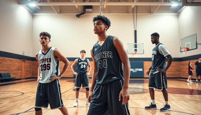 A high school basketball gymnasium during practice, focused on depicting a diverse group of four players demonstrating distinct bench roles in action. In the foreground, the "Sixth Man," a player with a dynamic stance and an encouraging expression, is ready to enter the game. The "Stopper," a defensive player, is poised to intercept a pass, while the "Spacer," another player, stands at the three-point line, managing spacing with a confident posture. In the background, the "Cleaner," a diligent rebounder, is positioned near the basket, focused on a missed shot. The setting is well-lit with bright overhead lights casting a warm glow, creating an energetic atmosphere. Use a slightly low camera angle for depth, showcasing the hustle and teamwork dynamics in high school basketball without any text or people in casual outfits. A high school basketball gymnasium during practice, focused on depicting a diverse group of four players demonstrating distinct bench roles in action. In the foreground, the "Sixth Man," a player with a dynamic stance and an encouraging expression, is ready to enter the game. The "Stopper," a defensive player, is poised to intercept a pass, while the "Spacer," another player, stands at the three-point line, managing spacing with a confident posture. In the background, the "Cleaner," a diligent rebounder, is positioned near the basket, focused on a missed shot. The setting is well-lit with bright overhead lights casting a warm glow, creating an energetic atmosphere. Use a slightly low camera angle for depth, showcasing the hustle and teamwork dynamics in high school basketball without any text or people in casual outfits.