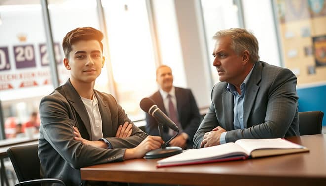 A professional setting for a player interview, featuring a young athlete in a smart casual outfit sitting confidently at a table. The scene is brightly lit with soft, natural lighting coming from large windows in the background, casting a warm glow. On the table, a microphone and a notebook filled with questions symbolize the interview process. The middle ground shows a coach, dressed in business casual attire, leaning slightly forward with an engaged expression, as if asking insightful questions. In the background, blurred details of a sports facility or a wall with team memorabilia enhance the atmosphere, creating a sense of belonging and history. The overall mood is focused and inspiring, capturing the essence of mentorship and growth in the sports community. A professional setting for a player interview, featuring a young athlete in a smart casual outfit sitting confidently at a table. The scene is brightly lit with soft, natural lighting coming from large windows in the background, casting a warm glow. On the table, a microphone and a notebook filled with questions symbolize the interview process. The middle ground shows a coach, dressed in business casual attire, leaning slightly forward with an engaged expression, as if asking insightful questions. In the background, blurred details of a sports facility or a wall with team memorabilia enhance the atmosphere, creating a sense of belonging and history. The overall mood is focused and inspiring, capturing the essence of mentorship and growth in the sports community.