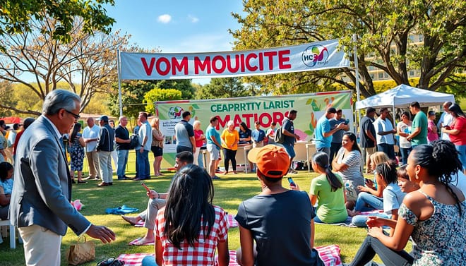 A vibrant community gathering at a local park, showcasing diverse groups of people engaged in various activities symbolizing mentorship, charity, and business ties. In the foreground, a mentor, dressed in professional attire, is seen guiding a group of young adults seated on picnic blankets, deep in discussion. The middle ground features a charity booth with volunteers handing out information, while families participate in fun, interactive games. In the background, a colorful banner celebrates community unity, with trees and bright blue skies enhancing the cheerful atmosphere. The scene is illuminated by warm, natural sunlight, creating a welcoming and inclusive mood. Use a wide-angle lens to capture the essence of community spirit and connection. A vibrant community gathering at a local park, showcasing diverse groups of people engaged in various activities symbolizing mentorship, charity, and business ties. In the foreground, a mentor, dressed in professional attire, is seen guiding a group of young adults seated on picnic blankets, deep in discussion. The middle ground features a charity booth with volunteers handing out information, while families participate in fun, interactive games. In the background, a colorful banner celebrates community unity, with trees and bright blue skies enhancing the cheerful atmosphere. The scene is illuminated by warm, natural sunlight, creating a welcoming and inclusive mood. Use a wide-angle lens to capture the essence of community spirit and connection.
