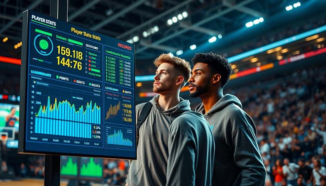 A visually engaging "player stats visualization" depicting a dynamic stats box that illustrates various leaderboard records in a high-energy sports context. In the foreground, showcase vibrant, interactive graphs and charts, highlighting statistics such as points, assists, and rebounds, using bright colors like blue, green, and orange. In the middle layer, include professional athletes in modest casual clothing, intensely observing the stats on a digital screen, with diverse ethnicity represented. The background should feature a modern sports arena, with cheering fans blurred to suggest excitement and energy. Use a dramatic overhead angle to capture the players and stats in a compelling format, illuminated by soft, ambient stadium lights to enhance the atmosphere, creating a sense of celebration and achievement in sports history. A visually engaging "player stats visualization" depicting a dynamic stats box that illustrates various leaderboard records in a high-energy sports context. In the foreground, showcase vibrant, interactive graphs and charts, highlighting statistics such as points, assists, and rebounds, using bright colors like blue, green, and orange. In the middle layer, include professional athletes in modest casual clothing, intensely observing the stats on a digital screen, with diverse ethnicity represented. The background should feature a modern sports arena, with cheering fans blurred to suggest excitement and energy. Use a dramatic overhead angle to capture the players and stats in a compelling format, illuminated by soft, ambient stadium lights to enhance the atmosphere, creating a sense of celebration and achievement in sports history.